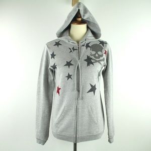 Soulcycle Grey Skull Silver Metallic Red Star Hooded Zip Up Jacket Sweatshirt XS
